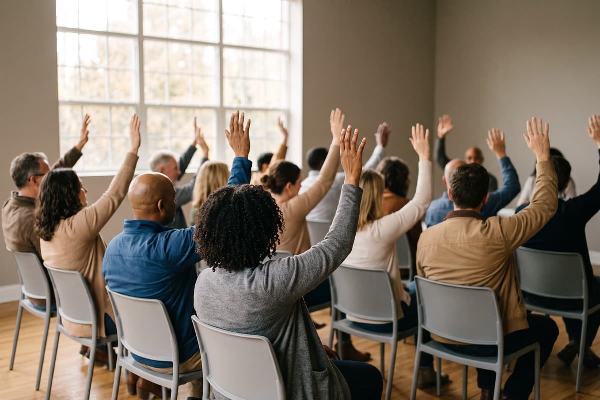 Raised hands at a community meeting
