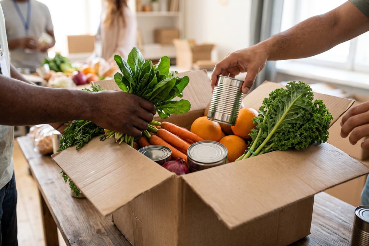 Hands placing fresh produce and canned goods into a donation box