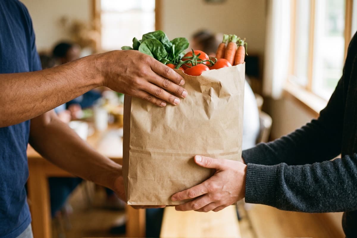 Hands passing a paper bag of groceries