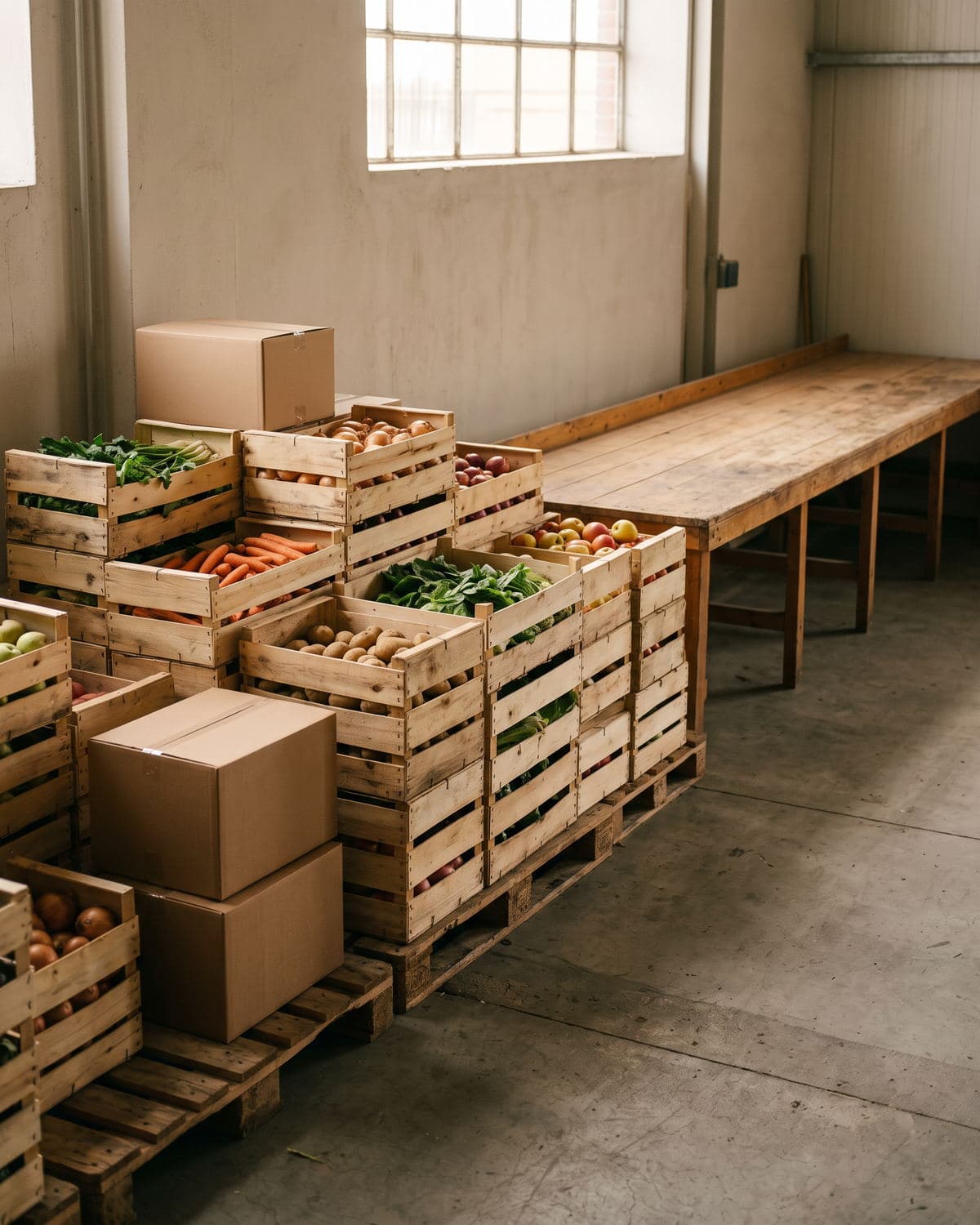 Crates of fresh produce and stacked boxes in a food distribution staging area.