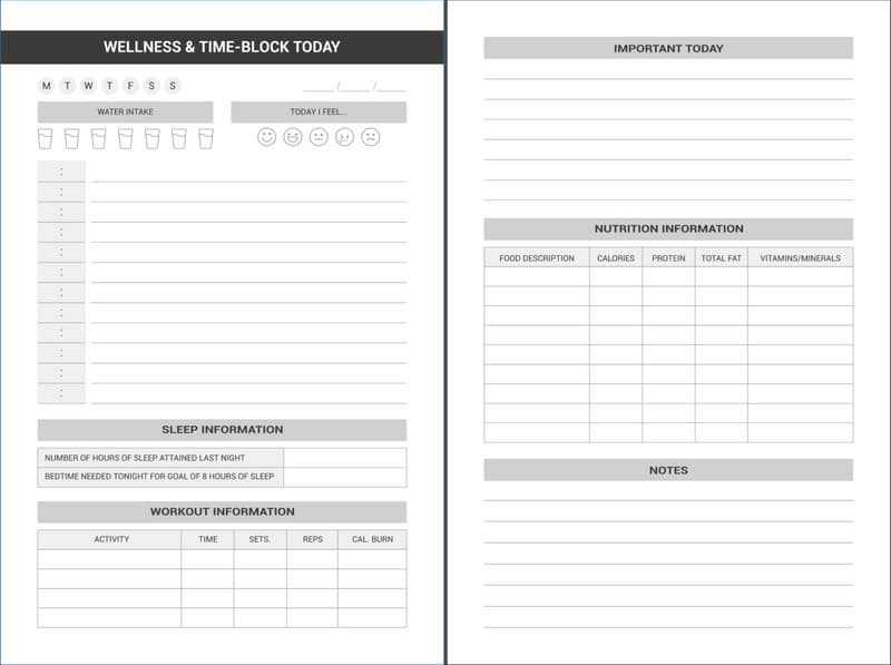 Inside the journal: a daily wellness and time-block tracking spread